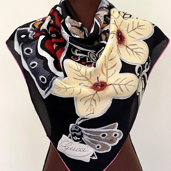 New Gucci Scarf Logo Kris Knight Butterfly Flora Black Silk Scarf - Picture 2 of 13
